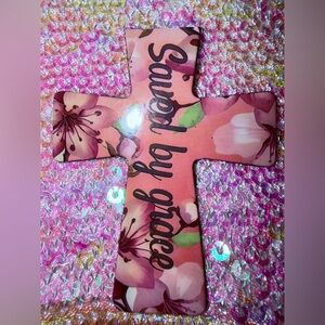 SAVED BY GRACE Pink Floral Cross Magnet